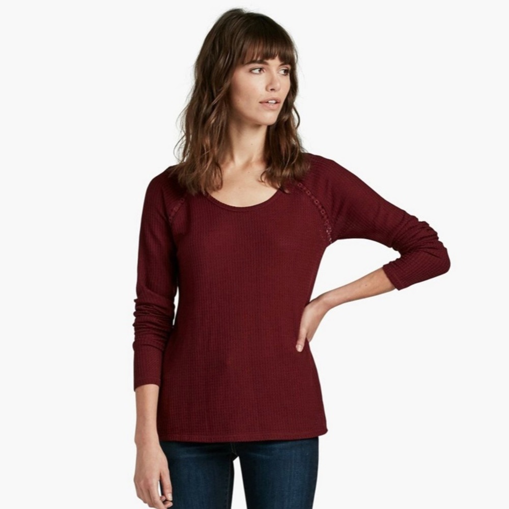 Lucky Brand Waffle Knit Thermal Maroon Sweater